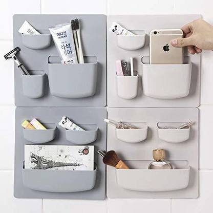olwick Household Paste Type Wall Rack Bathroom Wall Storage Rack Free Punch Wall Mount Rack Kitchen Finishing Rack wash Stand Nail-Free Wall Non-Marking Storage Box. (Set of 2 Pcs, Grey) Plastic Wall Shelf