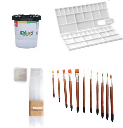 GINROO KHYATI Box Big Colour Mixing Palette / Plate , 12 Round and Flat Artist Paint Brushes , No Spill Pot and Square Transparent Sturdy Paint Brushes Container/Holder