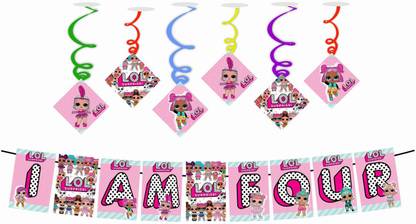 Balloonistics LOL Theme I am Four Kids 4th Birthday Banner and Swirls for Kids Birthday Decoration Backdrop Photo Shoot Backdrop and Theme Party 1 Banner and 6 Swirls Banner