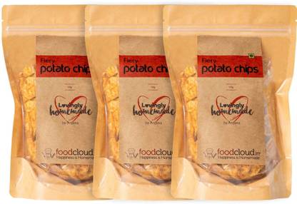 Food cloud Munchies - Fiery Potato Chips, Super Spicy Vegan Gluten Free Snacks 110g x Pack of 3 Chips