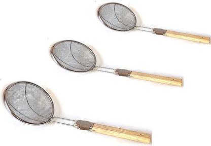 damurhu Stainless Steel Strainer Mesh with Wooden Handle Deep Fry Jara ( Size-16,18,20 ) Set of 3 Strainer