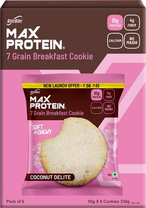 RiteBite Max Protein Max Protein Cookies – Coconut Delite [Pack of 6 ] 7 Grain Breakfast Cookie loaded with Protein, Fiber and calcium, NO MAIDA, GMO FREE, NO Preservatives Cookies Biscuit