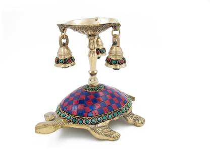 DECKORISH Brass Antique multi color stone studded fengshui Turtle stand diya 22 cm Brass Table Diya