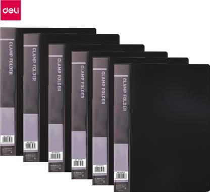 Deli PP Black Clamp Folder, File Folder for Office, Strong lever clamp for the easy file holding with Spine insert, Inside pocket, 0.7mm PP cover, 150~180 sheets capacity, Pack of 6