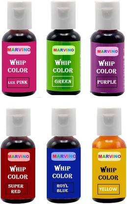 Marvino Whip Gel Color Set Of 6 For Cakes, pastries Ice-creams,(Luxpink, Green, Purple, Super Red, Royal Blue, Yellow) Multicolor