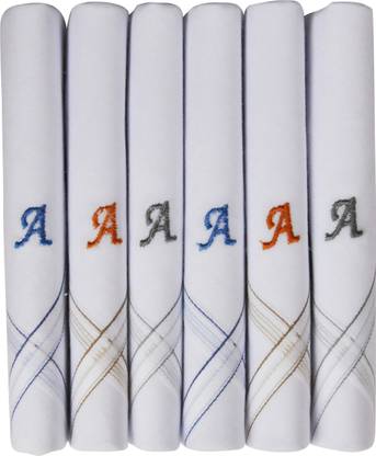 Caruso Italy Men's Initial A Embroidery 100% Pure Cotton Handkerchief White Base With Colored Border ["White"] Handkerchief
