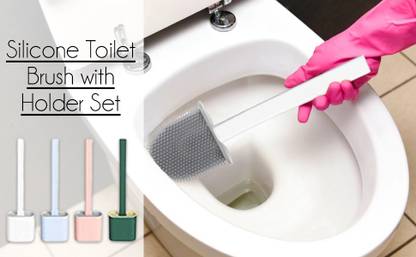 EPH Silicone Toilet Brush with Holder Set - Non Slip Long Handle - Soft Silicone Bristle Clean Toilet Corner Easily - Deep Cleaner Toilet Brush with Holder