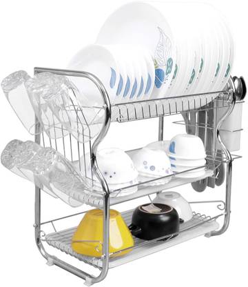 HOKiPO Cutlery Kitchen Rack Steel 3 Tier Stainless Steel Utensil Rack for Kitchen Dish Drying Rack Kitchen Sink Organizer Rack with Cutlery Holder, Knives Holder, Mug Holder & Hanging Hooks(KO-AR-3736)