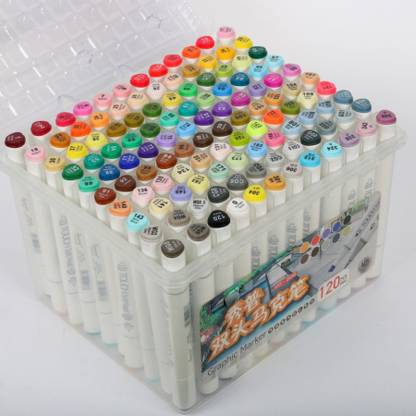 SKYGOLD Imported Colours Dual Touch Twin Markers Pen One Side and Flat Nib On Other End For Art Comic Designing pen - Set Of (120) WHITE (Set of 120, Multicolor)