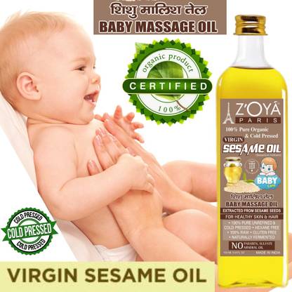 ZOYA PARIS Sesame oil for baby eczema works wonders as it soothes the sensitive skin. New Advance Technology - White -Sesame- Oil has a distinctive nutty aroma, is obtained from sesame seeds. Organic ! Cold Press ! 100% Pure & Virgin White SESAME Baby Massage Oil. White Sesame is a powerhouse of nutrients that babies need to thrive, including B vitamins, folate, and important minerals like, phosphorus, and is rich in oleic and linoleic acid. It is highly recommended because of its lubricating, healing, and nourishing properties. Sesame oil for baby hair adds a touch of moisture and improves the quality.