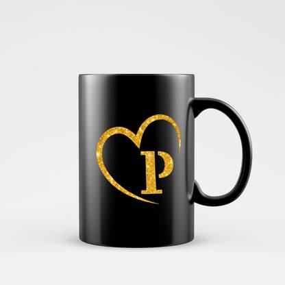 Dezzbee Creative Golden Heart Letter Alphabet P For Girls wife husband girlfriend boyfriend Mom Dat on Birthday Valentines Day and Anniversary White Ceramic 330ML Ceramic Coffee Mug