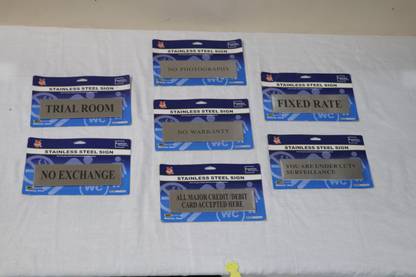 DOOR STEP SHOPPING Stainless Steel TRAIL ROOM NO EXCHANEGE NO PHOTOGRAPHY ALL MAJOR DB-CR ACCEPT YOU R UNDER CCTC SURVIELLENCE FIXED RATE Message and Sign Board 7"x 2" INCH (SILVER-BLACK) Combo (Pack of 7) Name Plate