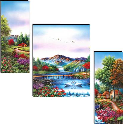 Indianara Set of 3 Mountain Forest Art MDF Art Painting (3739FL) without glass (4.5 X 12, 9 X 12, 4.5 X 12 INCH) Digital Reprint 12 inch x 18 inch Painting