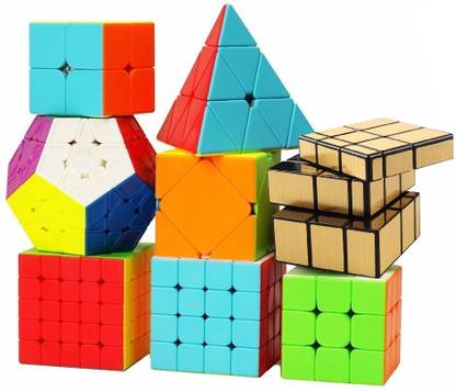 ऑथफोर्ट Speed 2X2 3x3 4x4 5x5 and Mirror Gold Pyraminx Pyramid Triangle, Megaminx, Squire cube set Puzzle Cubes Combo (B - Pack of 8 Cube)