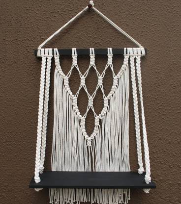 VAH Macrame Black Wood Wall Hanging Shelf Macrame Shelf Wall Hangings Macrame Floating Shelf Used as Wall Decor for Home Decoration Indoor Outdoor Wooden Wall Shelf