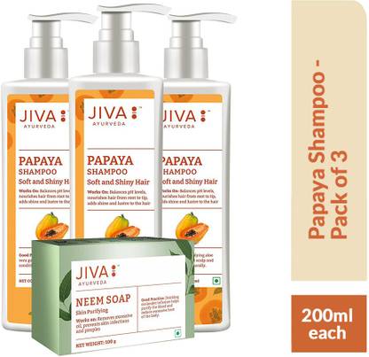 JIVA Papaya Shampoo - Scalp Cleansing Formula - 200 ml Each, Pack of 3 with Neem Soap Free - 100 g