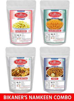 Yuvraj Food Product Testy (singh bhujia) | Khatta meetha | Aloo bhujiya | & Boondi for Raita (370 gm x 4 ) Namkeen mix Combo pack 4