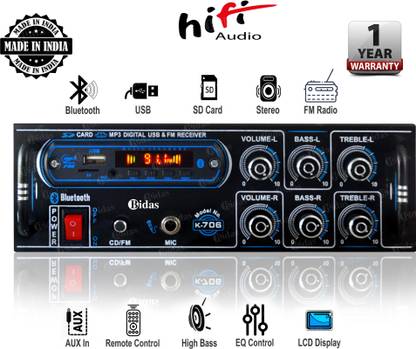 Bidas BS-K-706B 4-Channel High Power Stereo Amplifier with LED Display/Bluetooth/MIC Input/USB/SD Card Slot/FM Radio/AUX Input/Remote Control & Built-in Equalizer with Bass, Treble & Balance Control Power Amplifier 100 W AV Power Amplifier