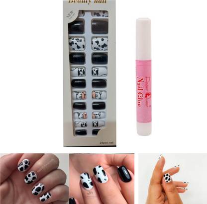 BeautyQua Unique and Trending Beautiful Cow Print artificial , Fake nails 24 Tips with 1 Glue White