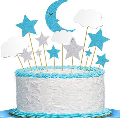 svm craft SVM CRAFT 13 Pieces Glitter Star Moon Cupcake Toppers blue and silver color Moon Star White Clouds Cake Toppers Cake Decoration for Birthday Party Baby Shower Wedding Christmas Valentine's Day Cake Topper