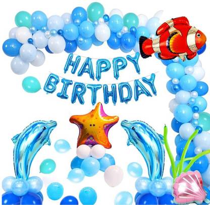Bash N Splash Printed Underwater theme Ocean Dolphin starfish fish sea shell Theme Birthday Decoration Set 70Pcs For Boys / Girls, Kids Parties/1st, First Bday Decorations Balloons, Leaves, Foil Balloon Confetti Balloons Pack of 125 Pcs Balloon