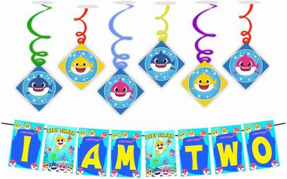 Balloonistics Baby Shark Theme I am Two Kids 2nd Birthday Banner and Swirls for Kids Birthday Decoration Backdrop Photo Shoot Backdrop and Theme Party 1 Banner and 6 Swirls Banner