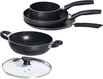 BERGNER Essential Plus 5 Pcs Cookware Set - 24cm Kadai with Glass Lid, 24cm Frypan, 28cm Tawa, 16cm Saucepan Induction Bottom Non-Stick Coated Cookware Set