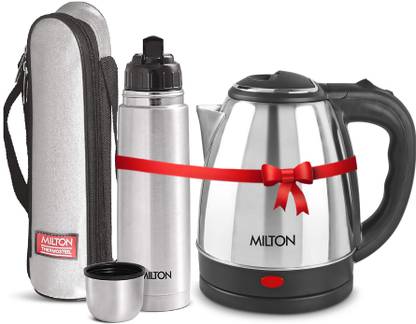 MILTON Combo Set Insta Electric Stainless Steel Kettle, 1.2 Litres, Silver and Flip Lid Thermosteel Hot or Cold Stainless Steel Water Bottle with Jacket, 750 ml, Silver Electric Kettle