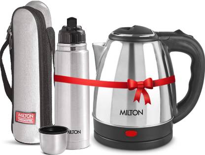 MILTON Combo Set Insta Electric Stainless Steel Kettle, 2 Litres, Silver and Flip Lid Thermosteel Hot or Cold Stainless Steel Water Bottle with Jacket, 1 Litre, Silver Electric Kettle