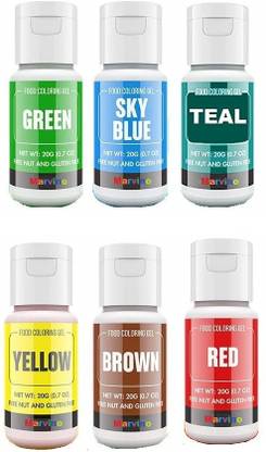 Marvino Edible Food Gel Color Pack Of 6 For Cakes Pastries Whip creams (Green, Sky Blue, Teal, Yellow, Red, Brown) Multicolor