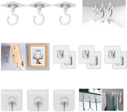eshopy Pack of 3 Heavy Duty 3M Adhesive Hooks for Hanging Clothes, 3 pcs. Adhesive Wall Hooks & 3 Pair Double-Sided Adhesive Wall Hooks Without Punching and Nails, Hooks for Kitchen & Home. Hook 9