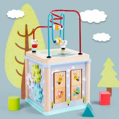 NEXT CREATION Bead-Block-Box Multi-Purpose Fun Activity Cube Treasure Box for Kids with Shape Matching, Flop, Gear Game