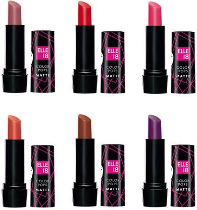 ELLE 18 Color, Pop Matte Lip Color, Mauve Date+Crazy Red+Coral Diva+Tan Nude+Toasted Mocha+Soaked Grape, 4.3 g