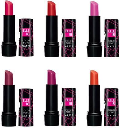 ELLE 18 Color, Pop Matte Lip Color, Deep Pink+Maroon Silk+Misty Magenta+Cherry Wine+Grape Riot+Coral Dose, 4.3 g