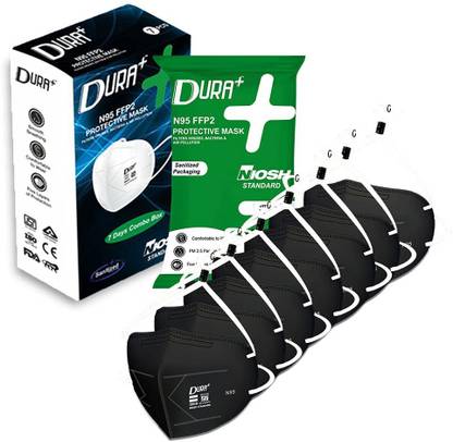 duraplus Midnight Black D510 N95 FFP2 NIOSH Standard Medical Grade Adjustable Headloop Unisex Face Mask with 2 Layers of Meltblown, (BFE 99%, PFE 95%) BIS ISI DRDO Certified, Box of 7 Pcs Reusable