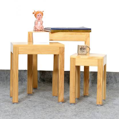 Devsignature Solid Wood Nesting Table Set | Living Room Tables Set of 3 | Peg Tables & Stools for Home & Kitchen | Pine Wood, Natural Finish Solid Wood Nesting Table