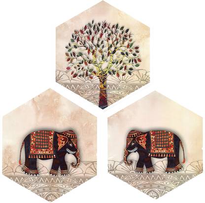 Indianara Set of 3 Tree & Pair of Elephant Modern Art Hexagon Pieces MDF Painting (3633HEX) without glass Digital Reprint 17 inch x 17 inch Painting