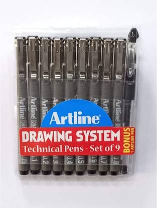 Artline Drawing System Technical Set of 9 Bonus 1 Artline Pen Fineliner Pen