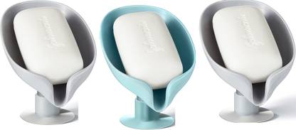 Qrex 3 Packs Soap Saver Dish with Drain, Leaf Shape Soap Holder with Suction Cup Plastic Wall Shelf
