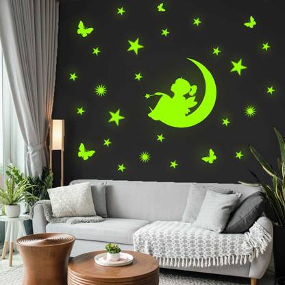 Ashamohar 29 cm Design Wall Stickers for Home Decoration for Hall, Children Room Angel Butterfly Kids Baby Room Contain Wall Stickers Waterproof Wall Sticker PVC Self Adhesive Night Glow for Home, Office Glow in the Dark Sticker