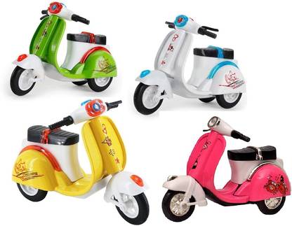 HALO NATION 4 Inches Mini Die Cast Metal Scooter Vehicle Toy with Pull Back Action and Workable Steering - Ola scooter / Activa / Scooty / Metal Scooter Toy - Set of 4 toys