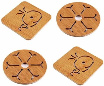 SIYANSHU Bamboo Trivet Heat Resistant Table Mats Non-Slip Placemats Thickened Wood Trivets Hollow Design for Dishes, Pot, Bowl, Teapot, Hot Pot Holders,Random Pattern 9cm x 9cm (Small , Pack of 4) Polished Trivet