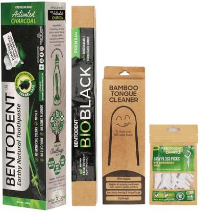 bentodent Smile box includes Charcoal Toothpaste, Floss, Soft toothbrush & Bamboo Tongue Cleaner