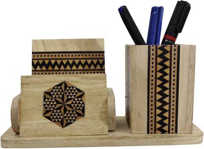 Garvi Gurjari 2 Compartments Wooden Pen Stand,Mobile Stand