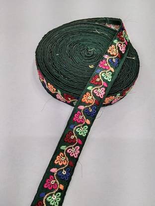 DEEP'S CREATION New Embroidery Lace Reel, with Elegant Floral Design Kashmiri Resham Work (9 Mtr. x 1 in, Dark Green) Lace Reel