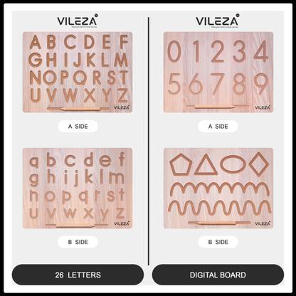 VILEZA 4 IN 2 Combo English Alphabet, Pattern and Number Board | Capital Word "ACBD", Small Word "abcd" and Number "0 To 9", Curve Pattern Tracing Slate Writing Practice Board | Teach your Child about Alphabets, Number and Pattern Board for 2+ Years Old Kids