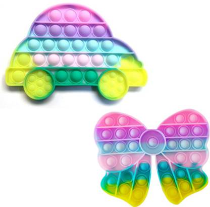 FLICK IN Car & Butterfly It Fidget Toy, Silicone Push Squeeze Anxiety Stress Relief Toy, pets for Kids Adults (2 Pcs) (Multicolor)