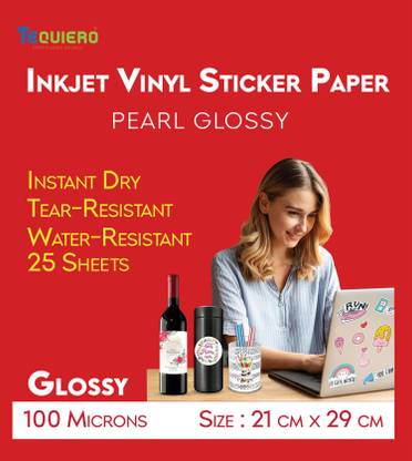 Tequiero Inkjet Vinyl Sticker Paper for Colour Printers, High Glossy, Waterproof Self Adhesive Sheets, print instant Tearproof vinyl photo stickers and labels Self-adhesive Paper Label