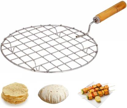 Cloudzy 1PC Round Papad Roaster Stainless Steel Roti Maker Jali Barbeque Vegetable Tandoor Net Roaster with Wooden Handle Paneer Grill Maker Fulka Making Pizza Grill 1 kg Roaster