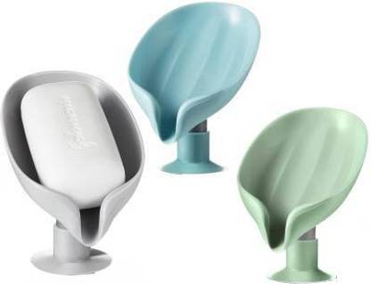 WAIT2SHOP Soap Holder With Suction Cup Leaf Shape Soap Dish Box Self Draining Soap Dish Holder Creative Soap Box For Kitchen Bathroom Shower Counter And Sink 3 Pcs